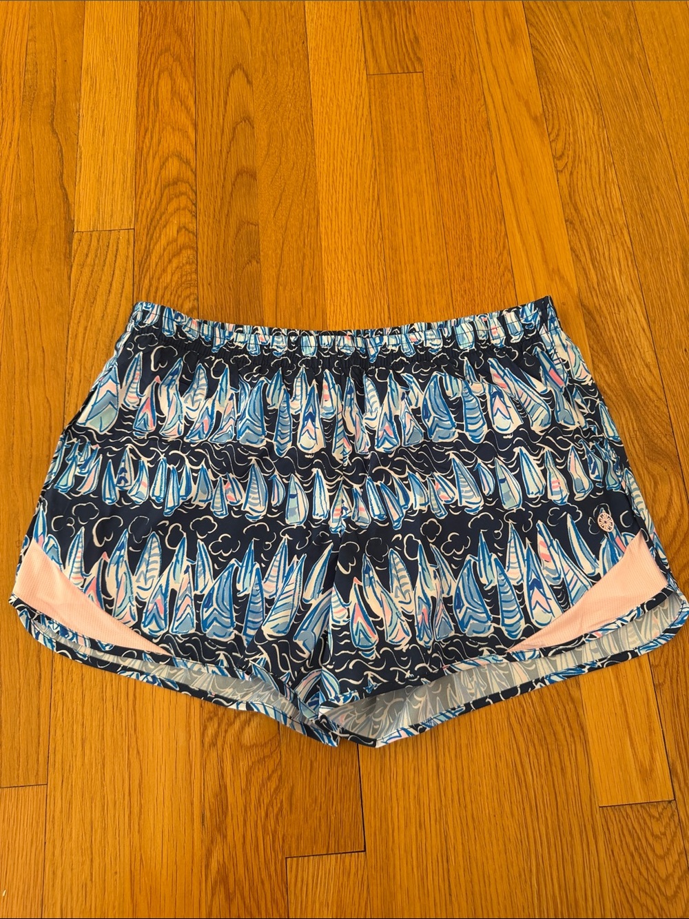 Lilly Pulitzer Navy Sailboat Print Athletic Shorts with Pink Accents